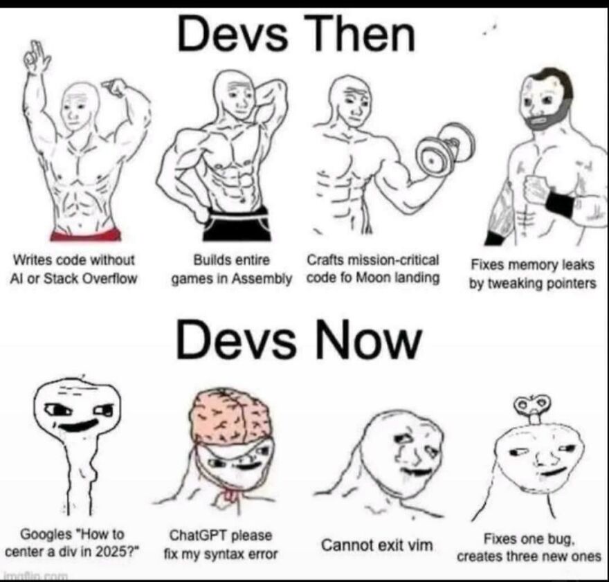 Cartoon comparing muscular developers then writing code manually to modern developers relying on AI and struggling with debugging.