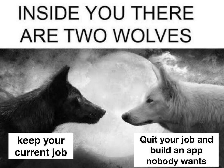 Black and white meme showing two wolves representing debugging struggles with choices between jobs and app building.