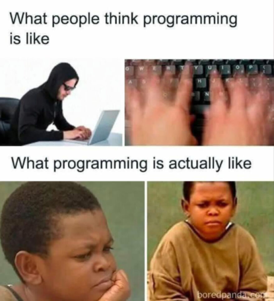 Meme contrasting perceptions of programming with the frustrating reality, highlighting debugging as a universal struggle.