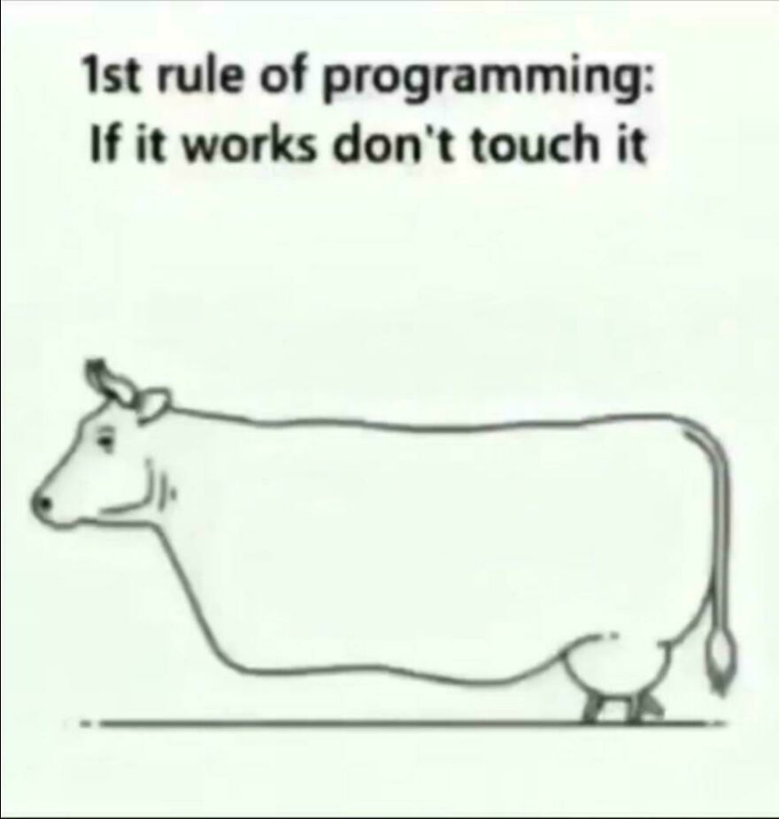 Simple black and white drawing with programming meme text about the first rule and debugging as a universal struggle.