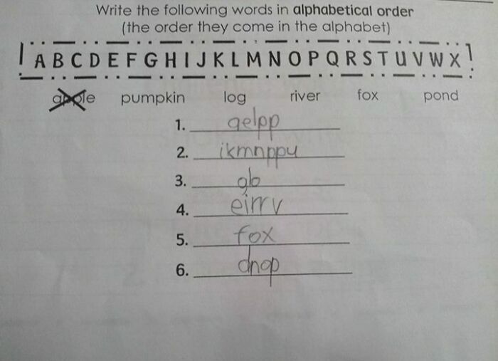 Child's homework showing unhinged alphabetical order task completed exactly as instructed, with words misspelled and scrambled.