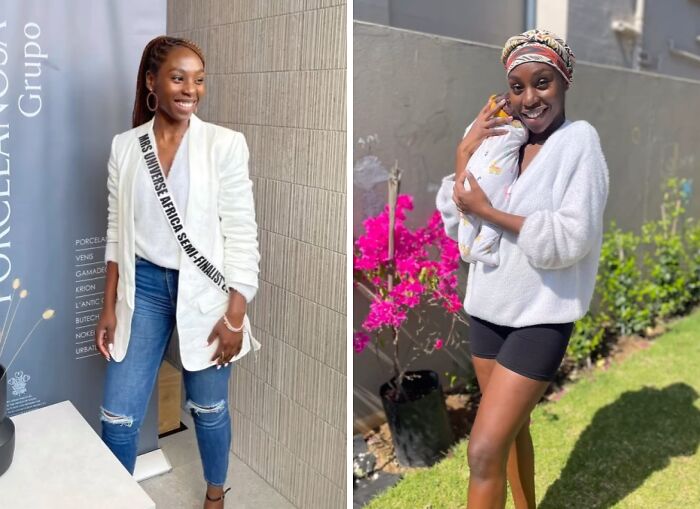 Before and after photos of a mom showing relatable and honest moments from motherhood journey outdoors and indoors.