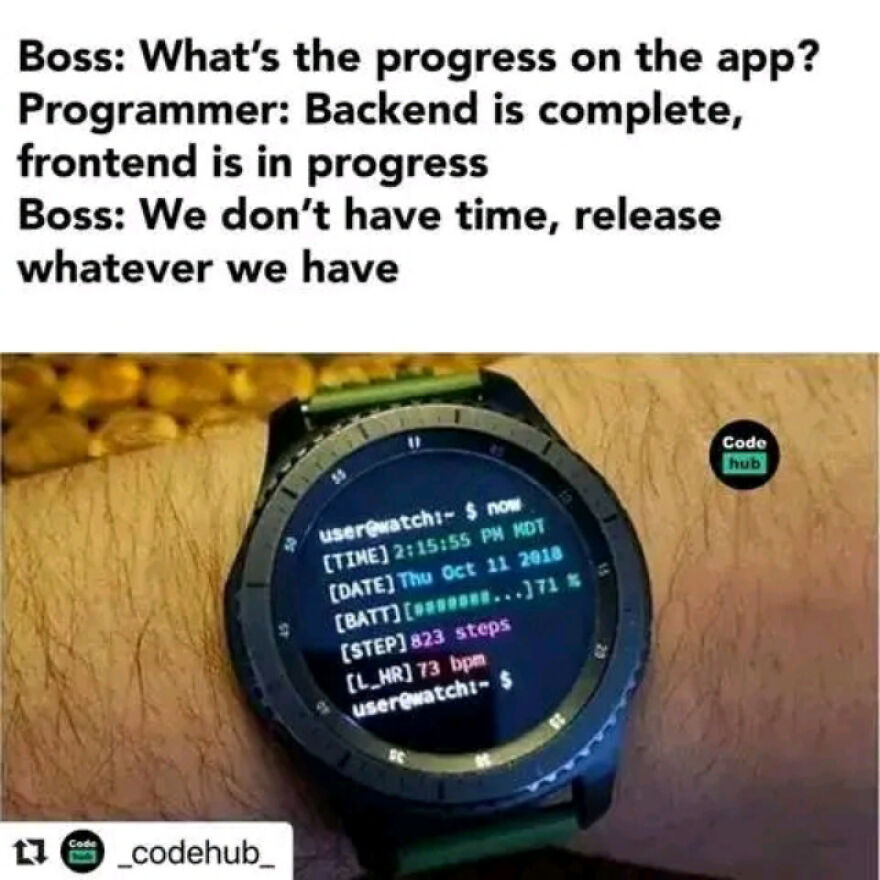 Humorous programming meme showing a smartwatch terminal with code and a conversation about app progress and debugging struggles.