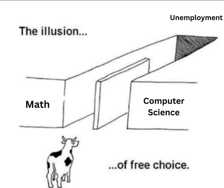 Illustration showing illusion of free choice between Math and Computer Science leading to unemployment, highlighting programming meme humor.