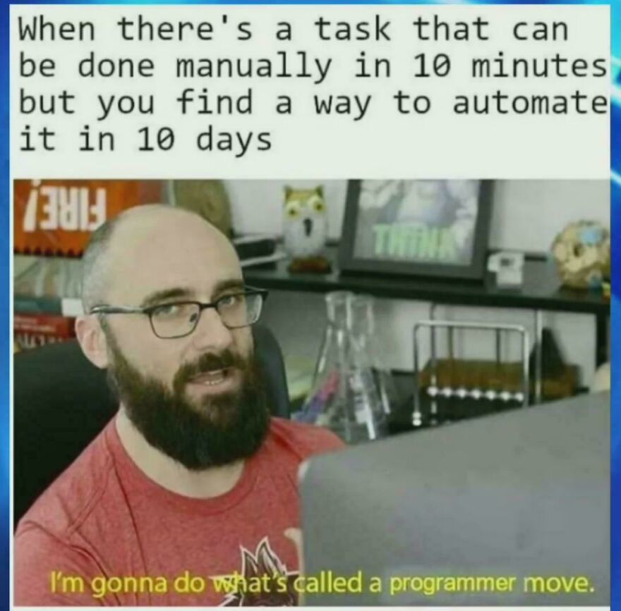 Man with glasses and beard sitting at a desk with computer, caption referencing funny programming memes and debugging struggle.