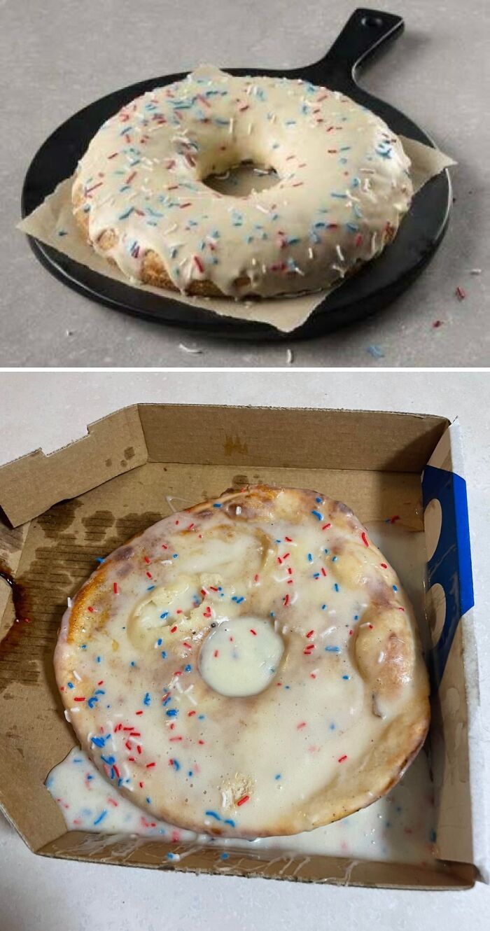 Two images comparing a flawless dessert donut and a melted, messy version with sprinkles and icing, dishes that are just stupid.