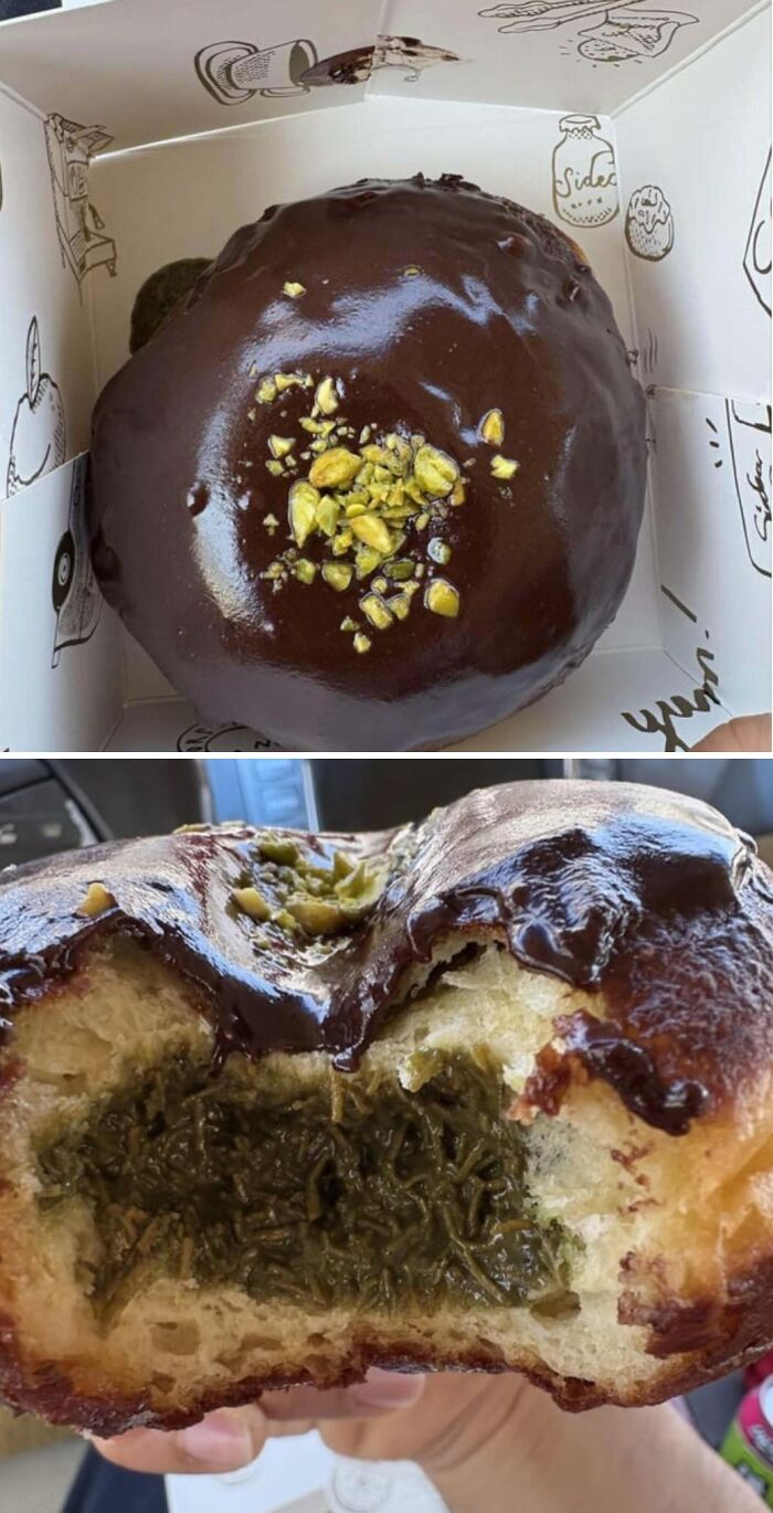 Chocolate-covered pastry topped with nuts revealing a strange insect-filled interior in unusual dishes.