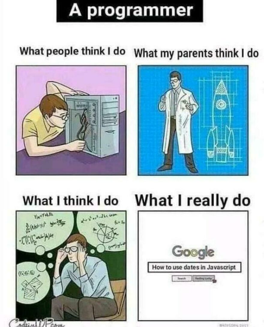 Programmer meme showing misconceptions and reality with debugging and coding struggles using Google search.