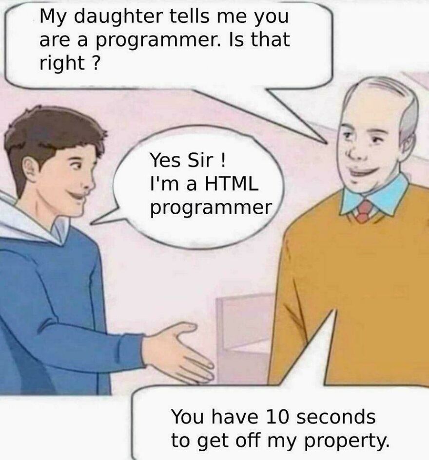 Two men talking about programming, humorously highlighting debugging as a universal struggle with a reference to HTML coding.
