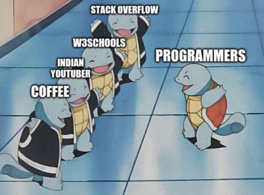 Cartoon turtles labeled with programming resources and coffee, humorously representing programmers and debugging struggles.