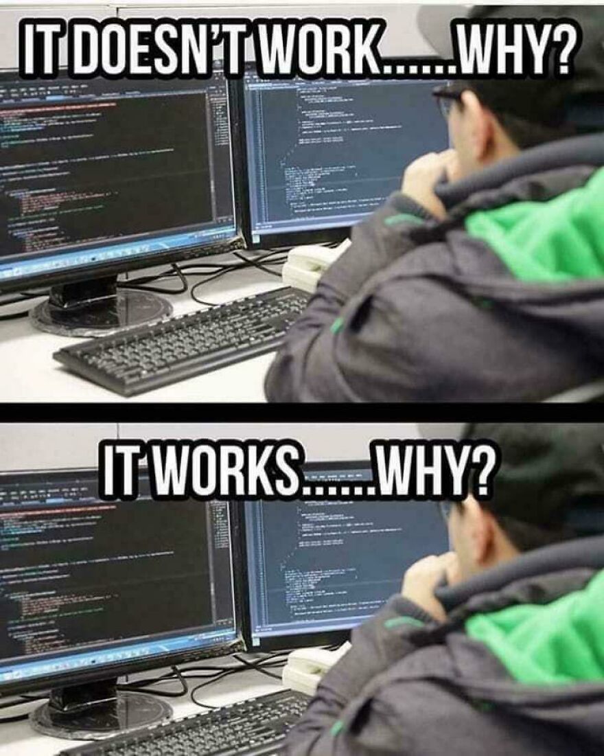 Programmer wearing a green jacket puzzled in front of dual monitors showing code, illustrating debugging struggles.