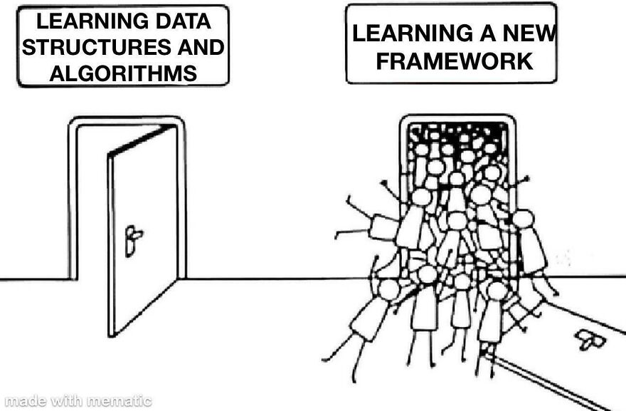 Cartoon comparing learning data structures and algorithms with crowded, chaotic learning of a new framework, highlighting debugging struggle.
