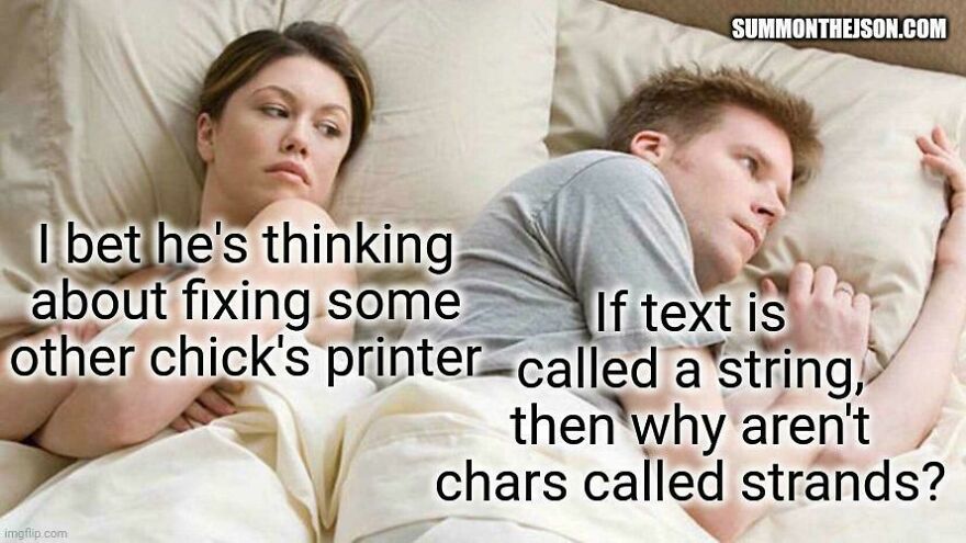 A couple lying in bed, man lost in thought about programming and debugging strings while woman looks on concerned.