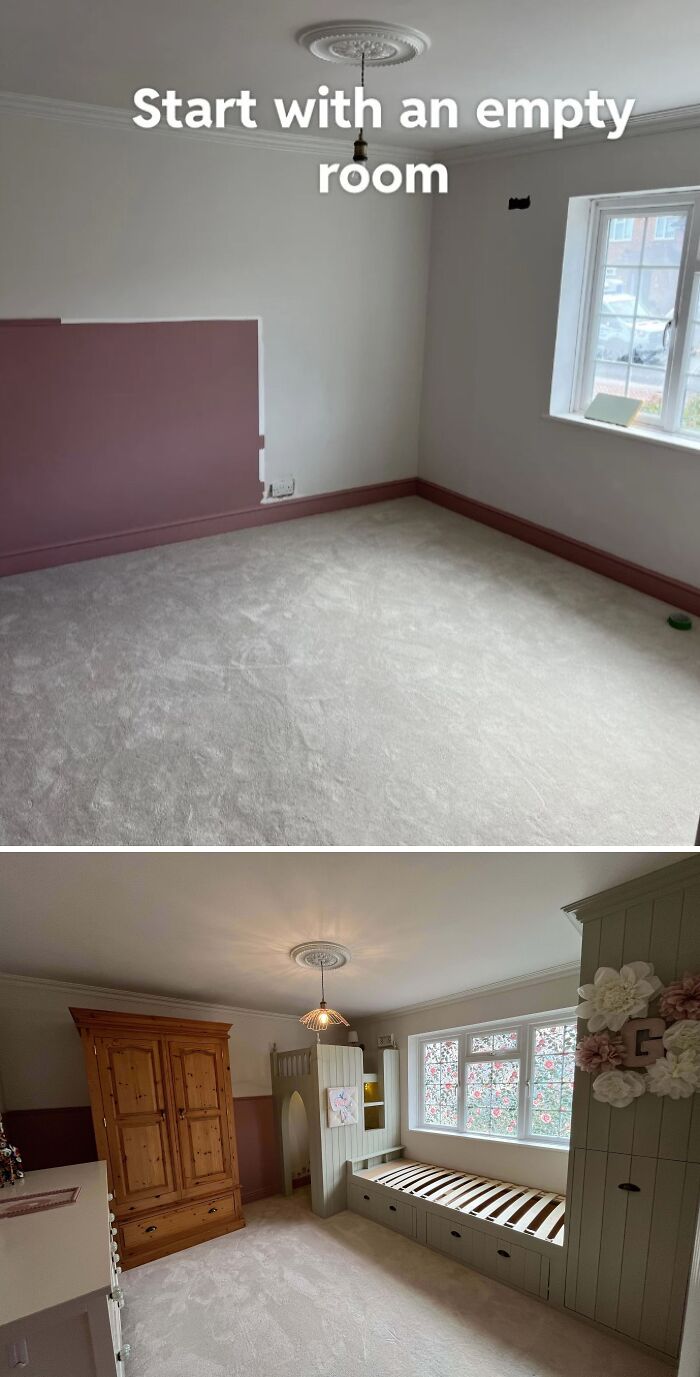 Empty room before and after a DIY paint project and furniture installation showing patience and creative home transformation.