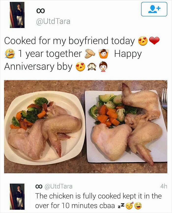 Two plates with oddly cooked chicken wings and vegetables, an example of stupid dishes with unusual presentation.