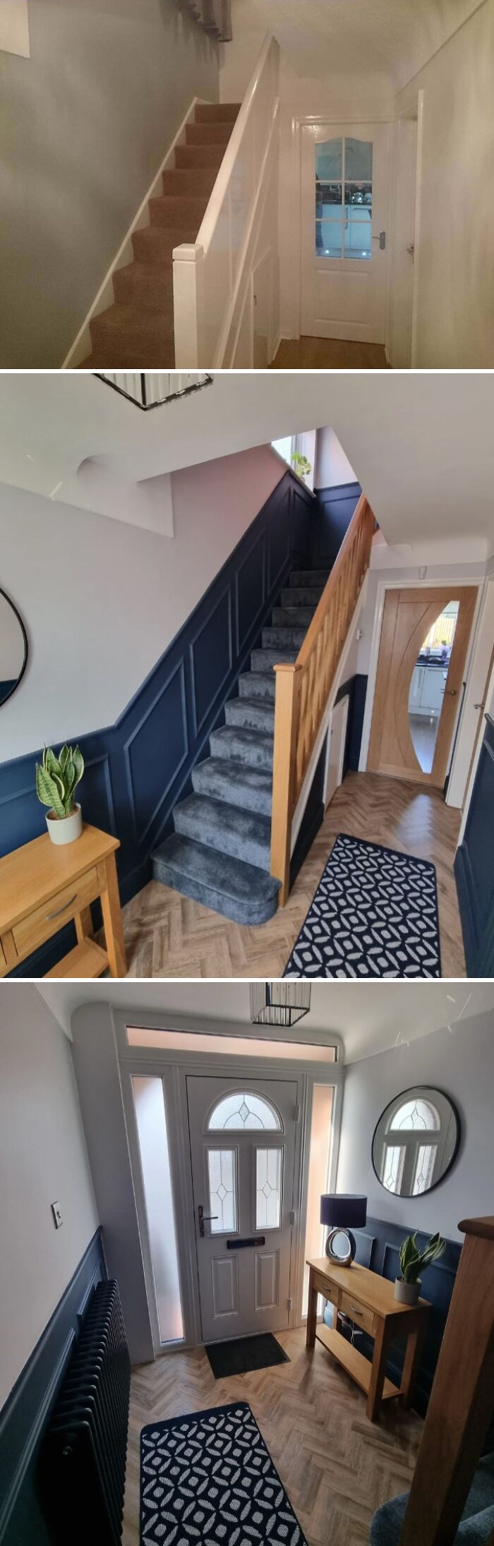 Before and after DIY home renovation showcasing stairs and hallway with new paint, carpet, and blue wainscoting detail.