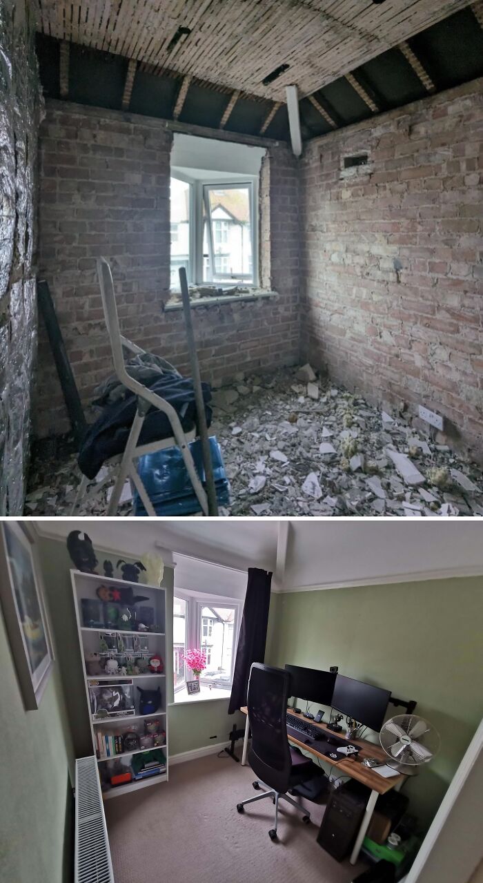 Before and after photos of a DIY room renovation showing transformation with paint and patience.