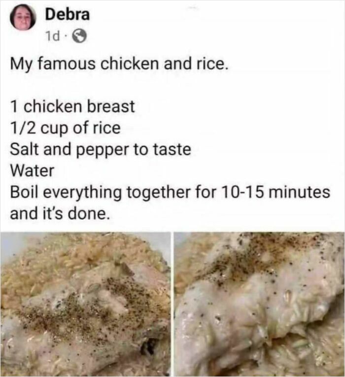 Simple chicken and rice dish boiled together with salt and pepper, shown as part of stupid dishes collection.