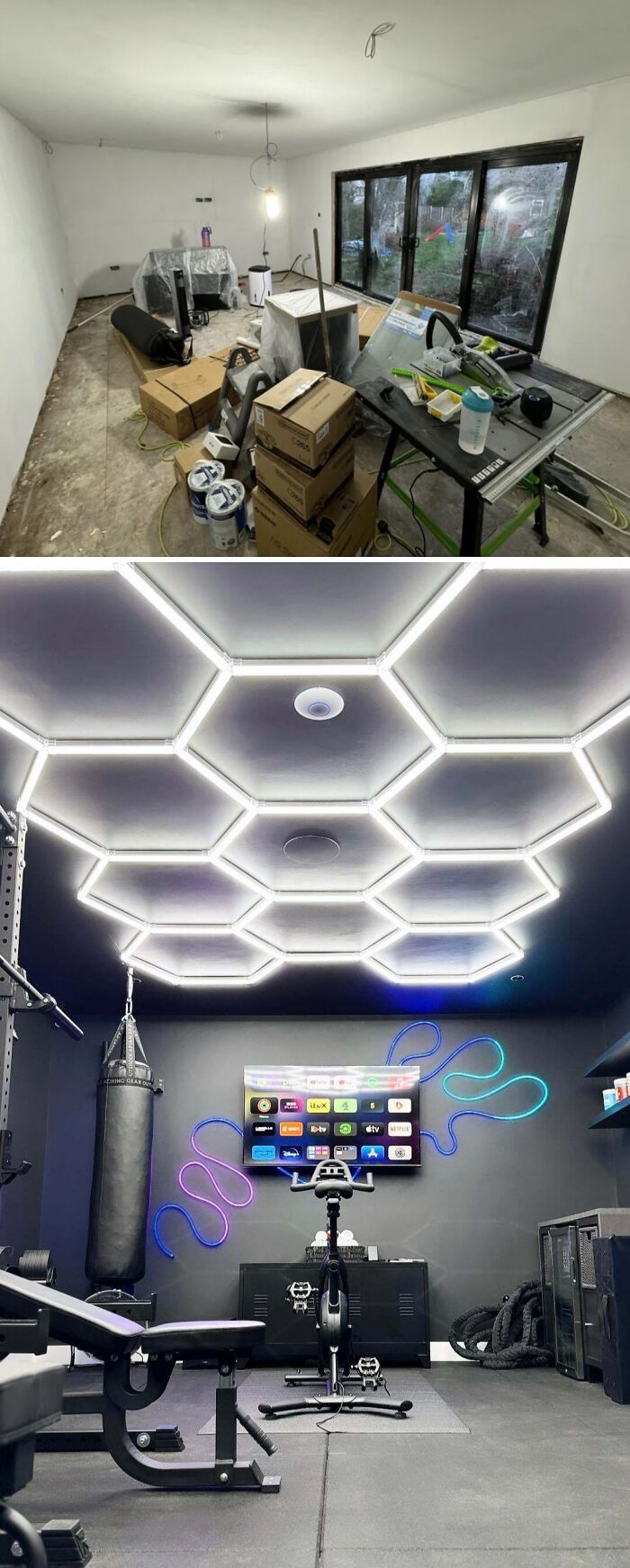Room renovation DIY project showing messy construction and finished modern home gym with LED lighting.