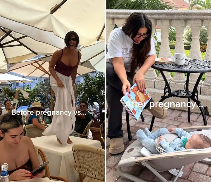 Side-by-side photos showing moms before and after having kids, highlighting honest and relatable moments.