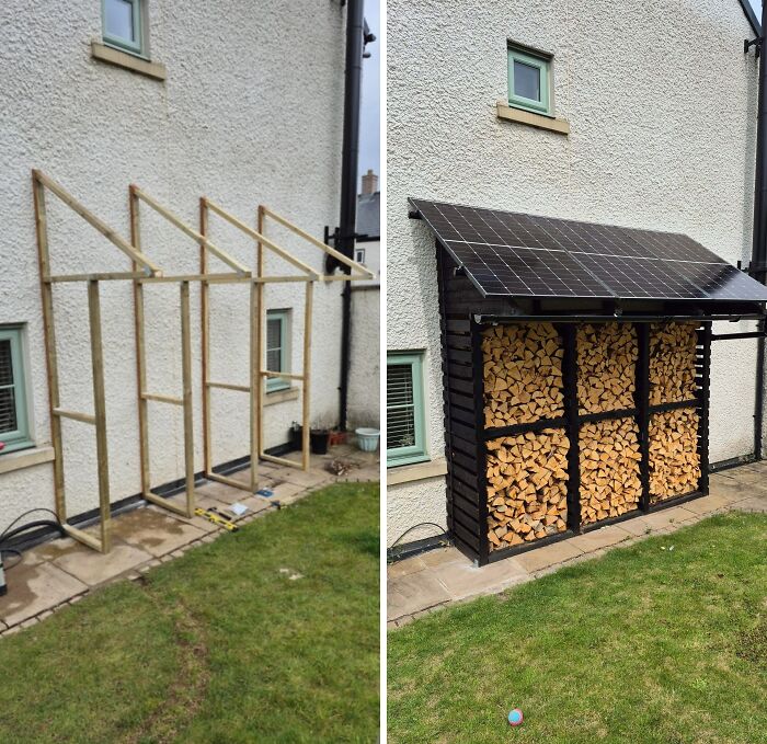 Side-by-side images showing a DIY wood storage shed built with paint and patience against a house exterior wall.