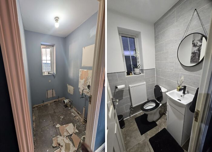 Before and after images of a DIY bathroom renovation showcasing the power of paint and patience in home projects.