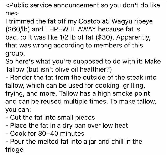Tips on cooking and using steak fat for making tallow to avoid wasting in 102 dishes that are just stupid.