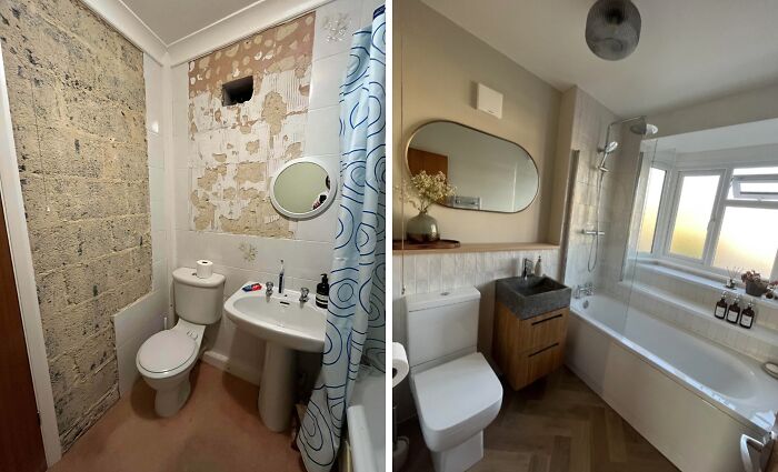 Before and after photos of a bathroom renovation showcasing incredible DIY projects with paint and patience.