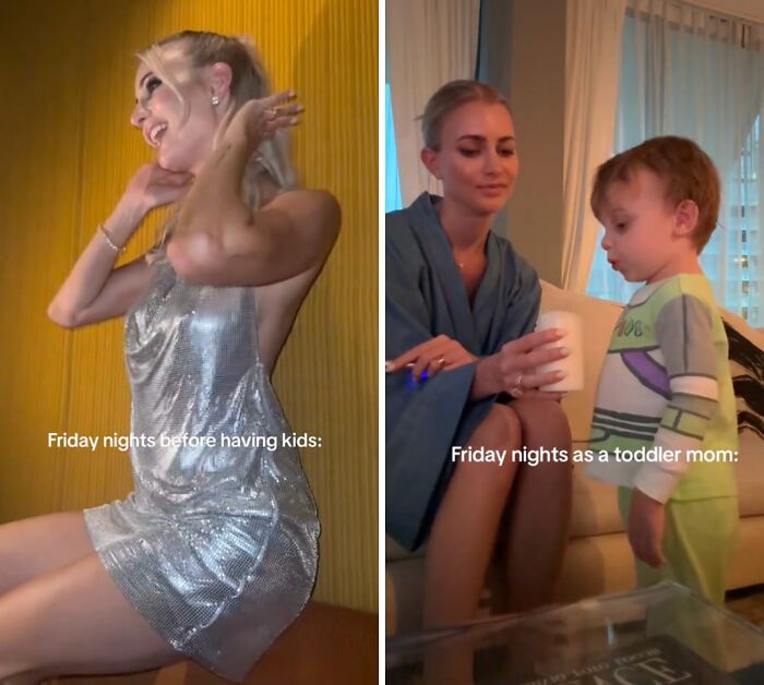 Before and after photos showing honest and relatable moments of moms during Friday nights with and without kids.