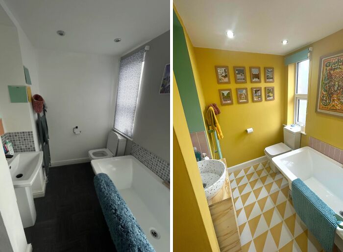 Before and after images of a bathroom transformed by DIY projects using paint and creative design ideas.