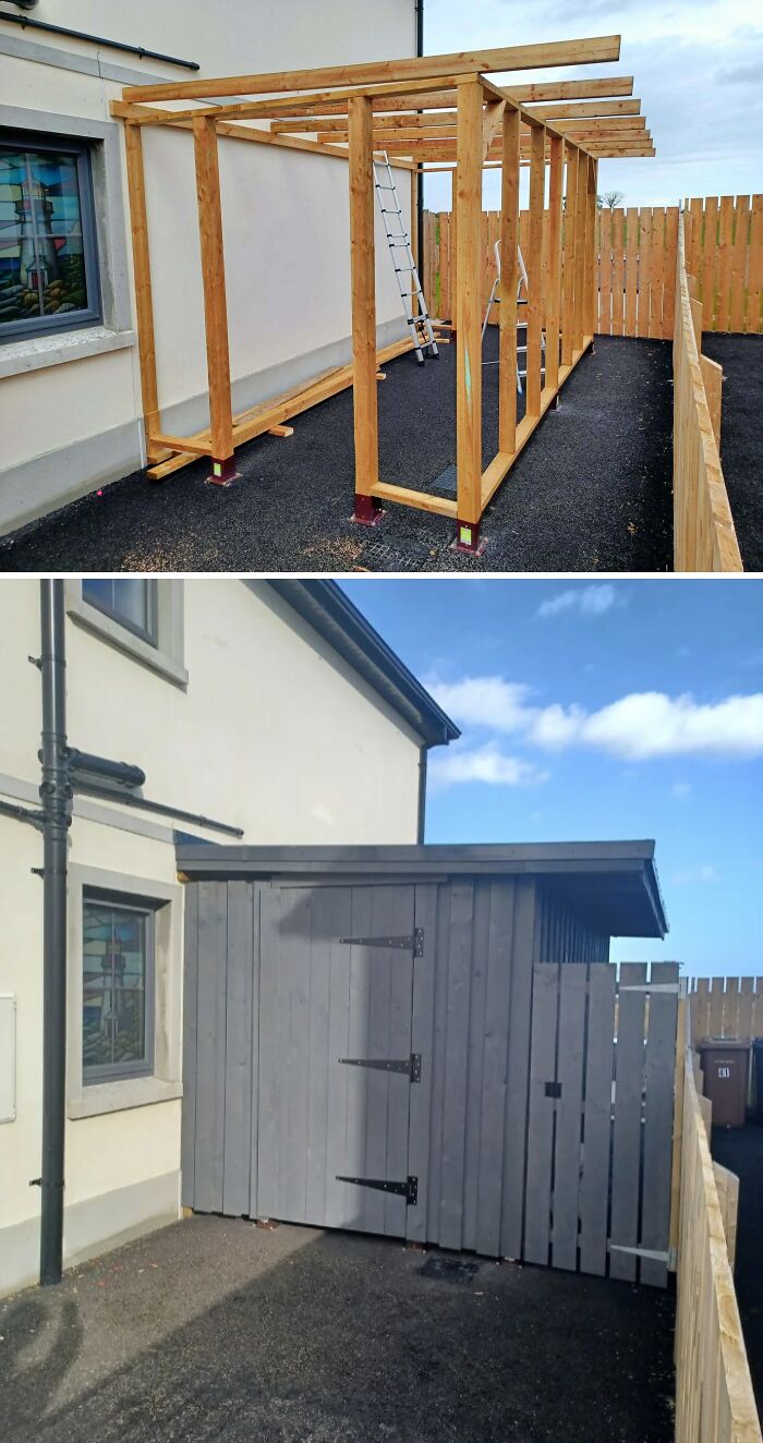 Wooden DIY project transformation showing paint and patience turning a frame into a finished outdoor shed.