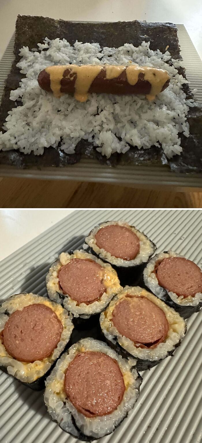 Rice, hot dog, and sauce inside seaweed making an unusual sushi-style dish from 102 dishes that are just stupid collection.