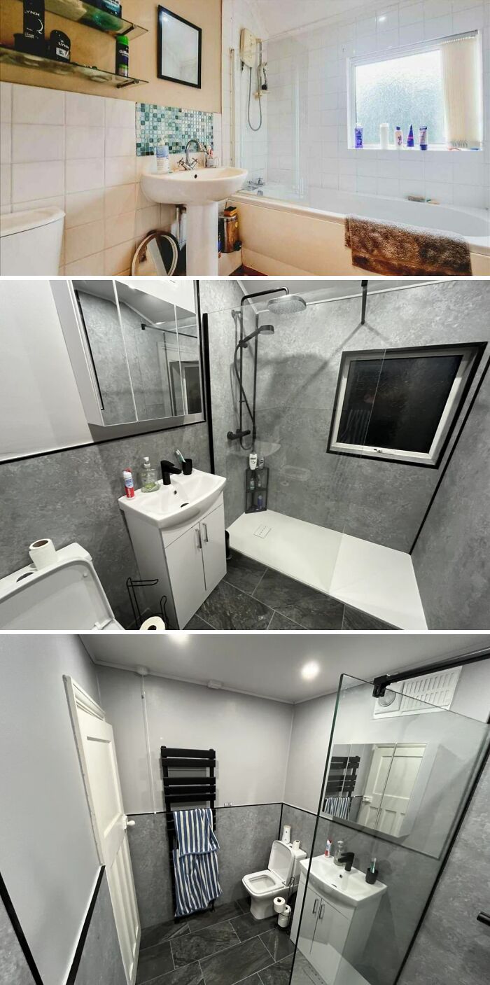 Before and after bathroom DIY projects showing dramatic improvements with paint and patience in modernizing the space.