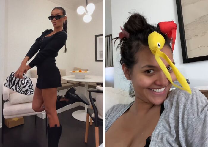 Before and after photos of a mom showcasing stylish and playful looks, capturing relatable moments of motherhood changes.