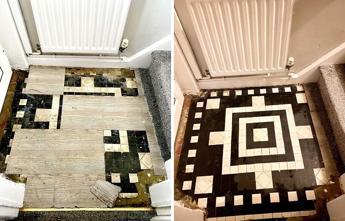 Before and after photos of a DIY project showing restored vintage tile flooring with paint and patience in a small entryway.