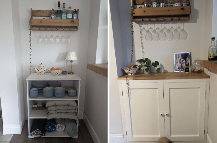 Rustic DIY wooden shelf with hanging wine glasses and painted cabinets showcasing paint and patience in home decor projects.