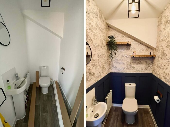 Before and after of a DIY bathroom makeover showing use of paint and wallpaper for a stylish transformation.