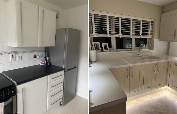 Before and after kitchen transformation showcasing incredible DIY projects using paint and patience for a modern look.