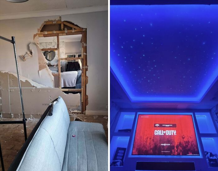 Before and after photos of an incredible DIY project transforming a room with paint and creative patience.