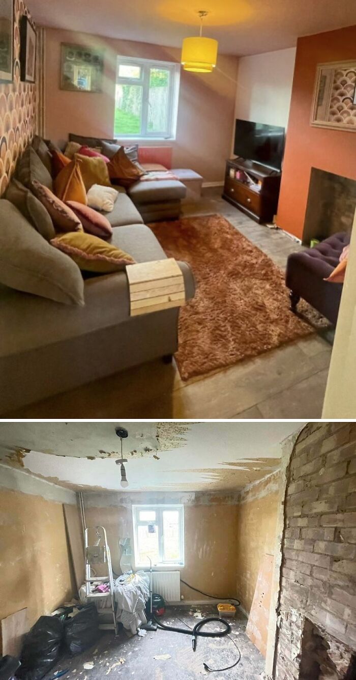Living room before and after renovation showcasing incredible DIY projects with paint and patience transforming the space.
