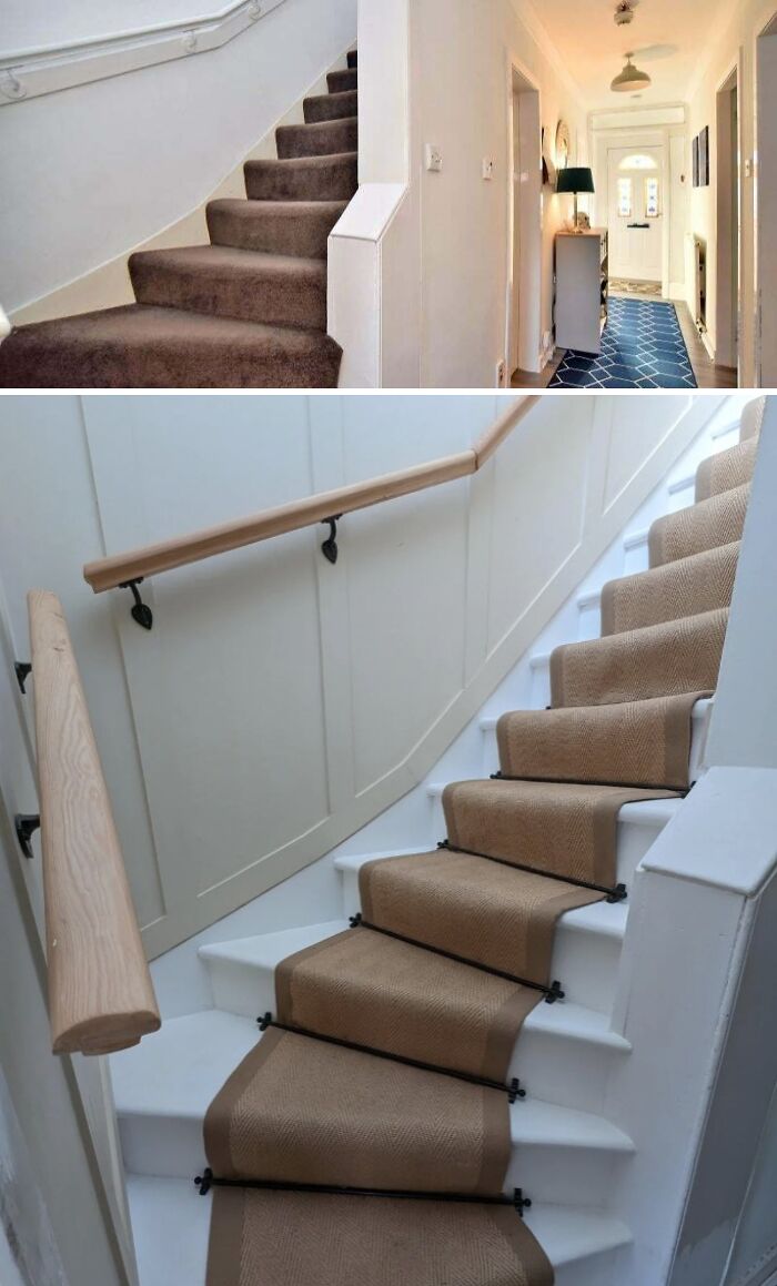 Before and after photos of a DIY stair makeover using paint and a new runner for a fresh, stylish home improvement project.