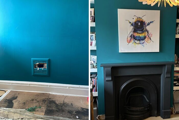 Before and after DIY project showing a painted wall and transformed fireplace, demonstrating paint and patience results.