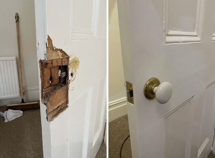 Before and after photos showing a DIY door repair project demonstrating paint and patience transforming damaged wood.
