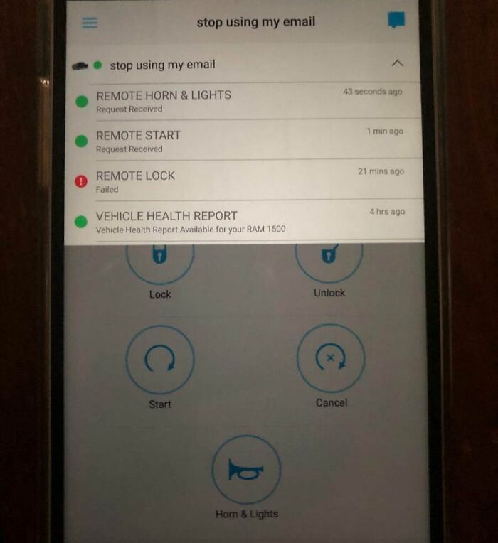 Smartphone screen showing remote vehicle control app with failed lock attempt, illustrating petty revenge using technology.