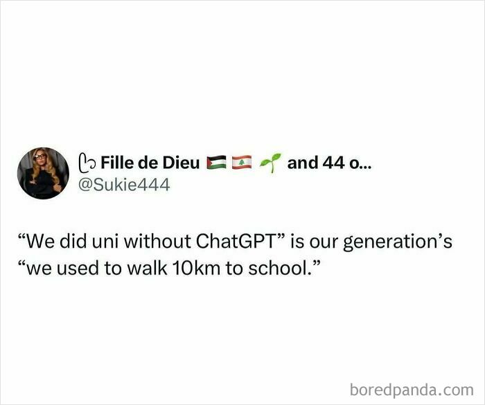 Tweet about relatable student memes comparing university experiences with and without ChatGPT, highlighting student life humor.