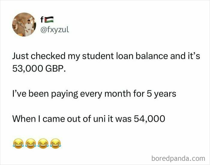 Social media post about student loan balance after 5 years, highlighting relatable student memes and financial struggles.