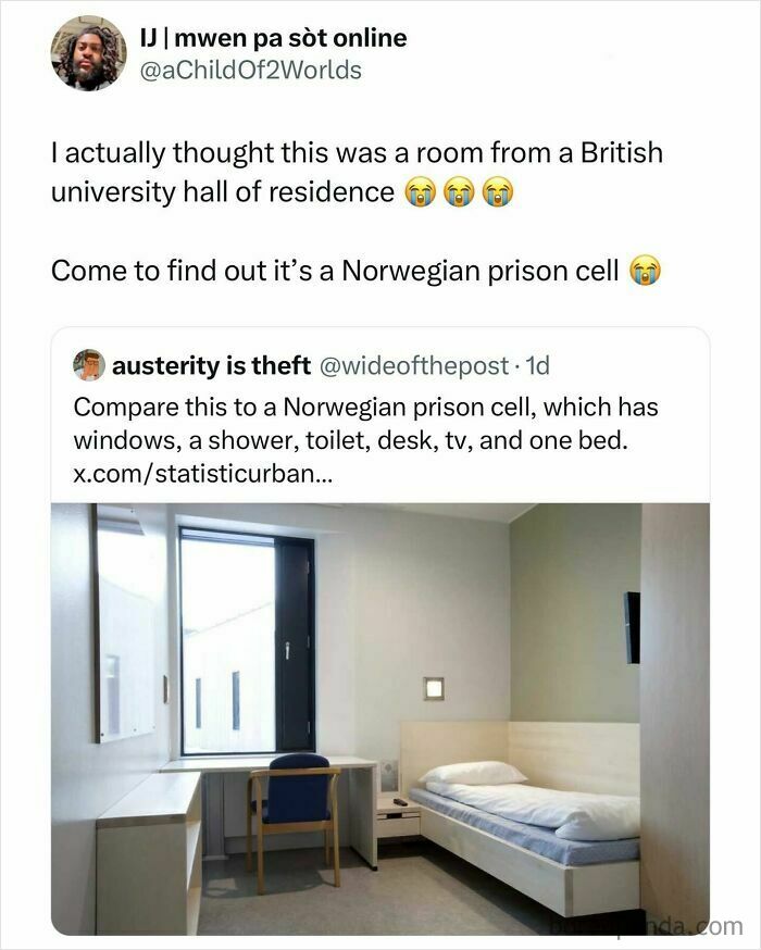 Tweet comparing a Norwegian prison cell to a British university dorm, highlighting relatable student memes about tired and broke life.