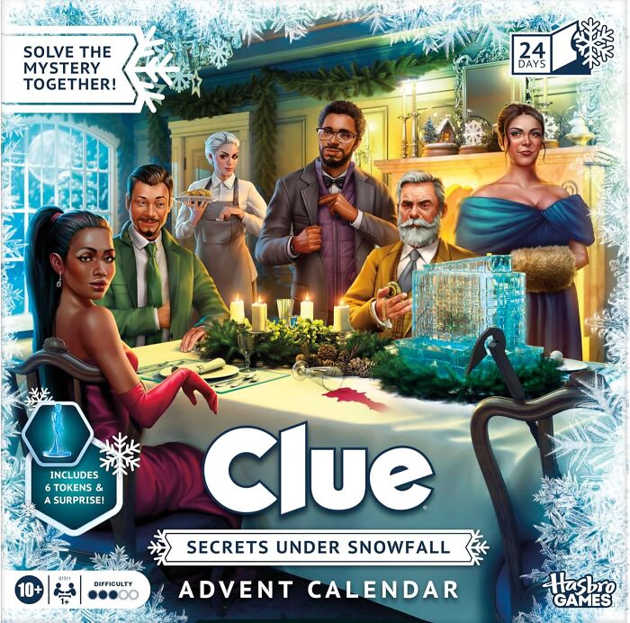 Clue Secrets Under Snowfall Advent Calendar featuring a festive themed mystery scene with six diverse characters.