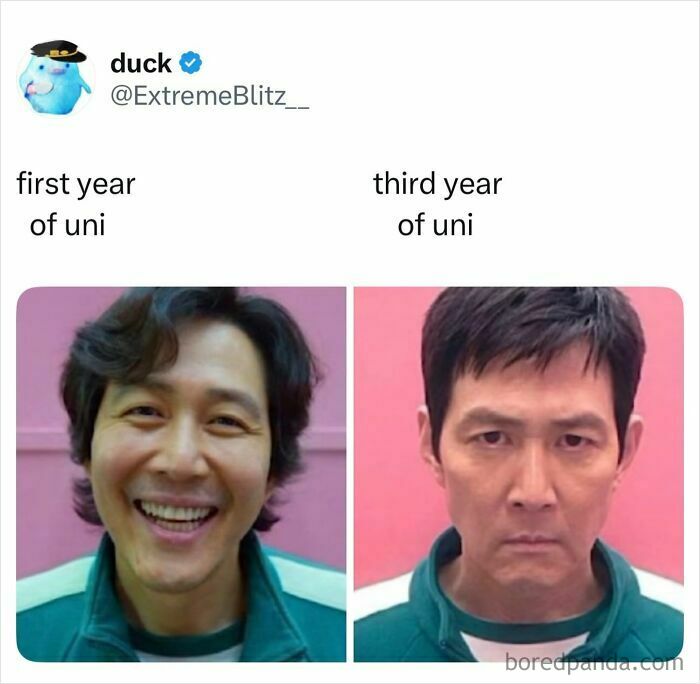 Comparison of a happy first-year student and a tired third-year student, illustrating relatable student memes about university life.