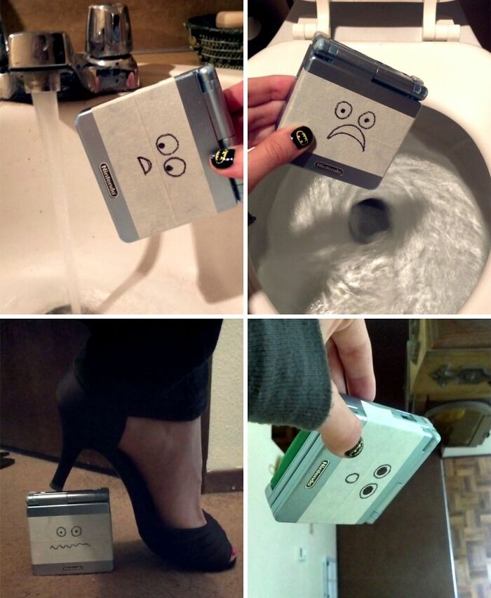 A handheld Nintendo Game Boy with sad and worried faces drawn on tape, shown near a sink, toilet, and under a heel as petty revenge.